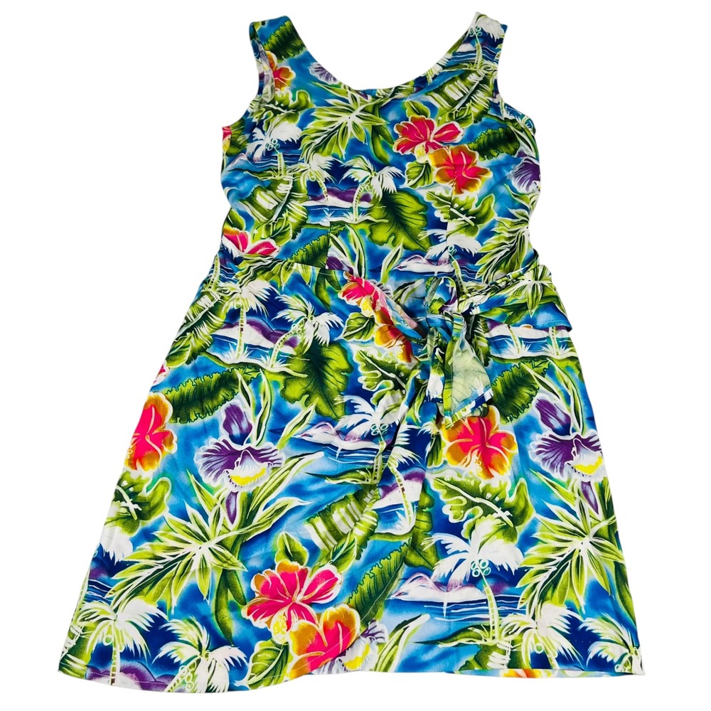 Vintage 90s Expressions Tropical Hawaiian Dress Sz 12 Rayon Wrap Tie Floral